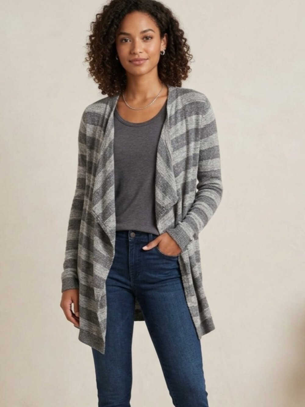 Gray Striped Open‑Front Cardigan – Size Medium – Soft Knit